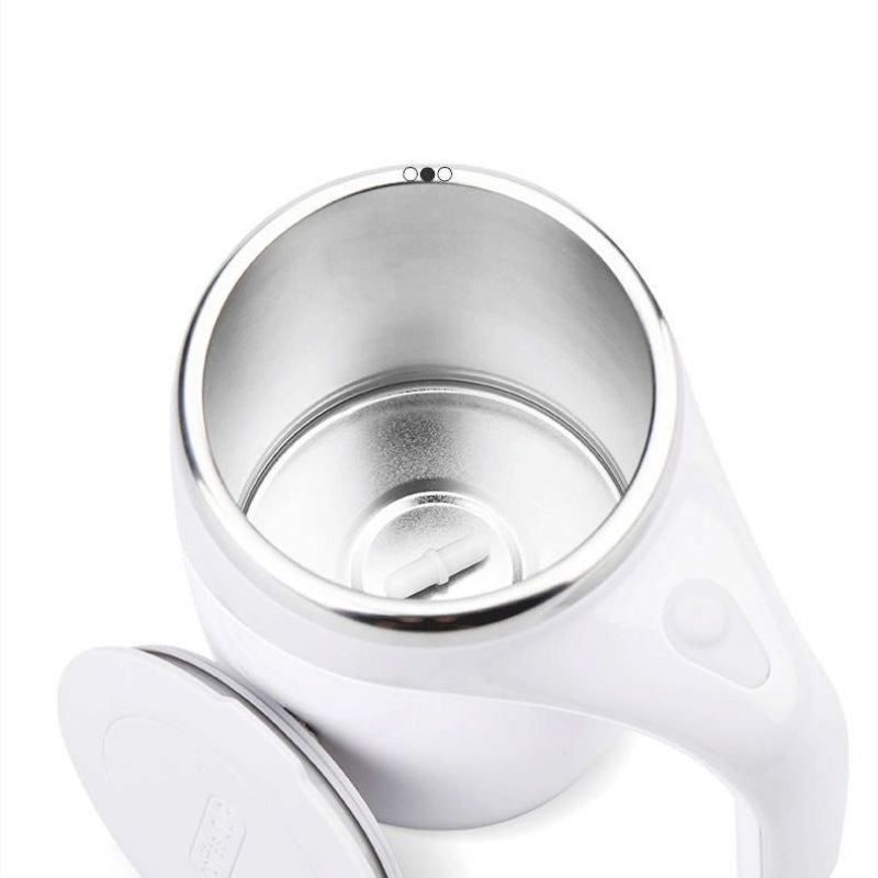 Stainless steel electric coffee mug with magnetic self-stirring function.