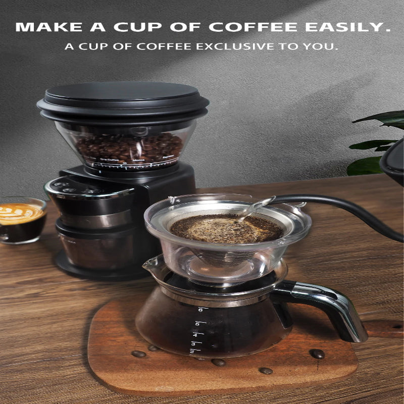 Transparent bean hopper coffee grinder for home baristas.