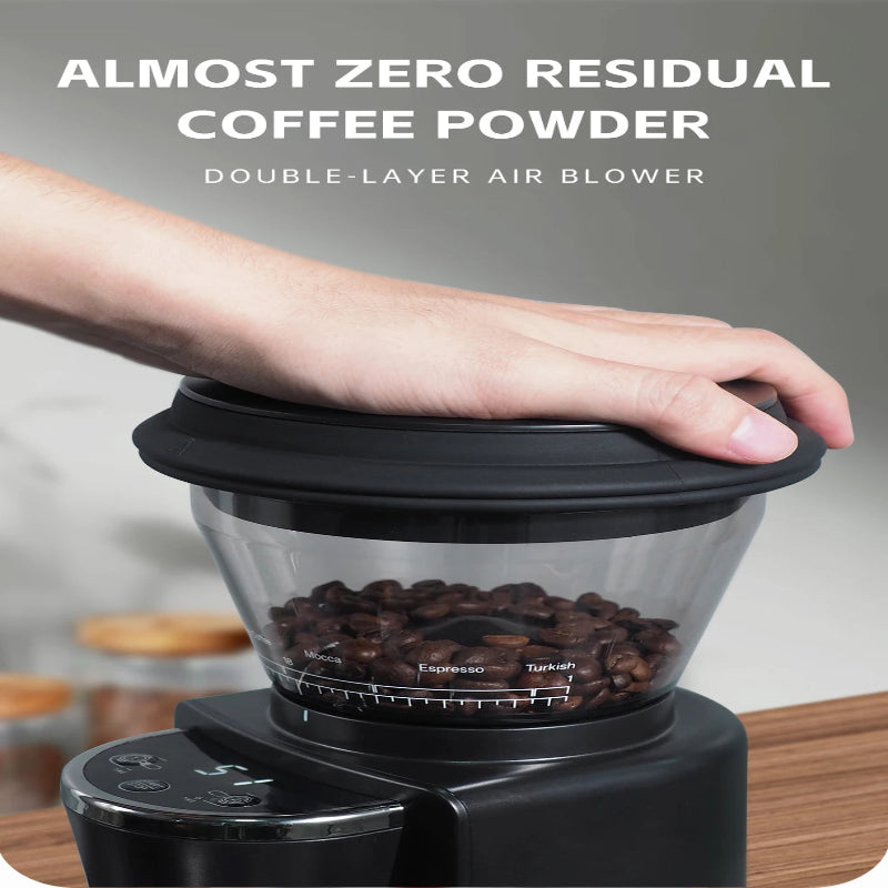 Stainless steel burr grinder for consistent coffee grinding.