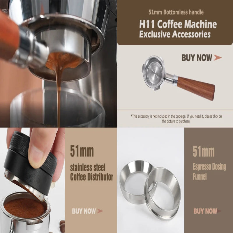 Coffee machine accessories with text on a beige background