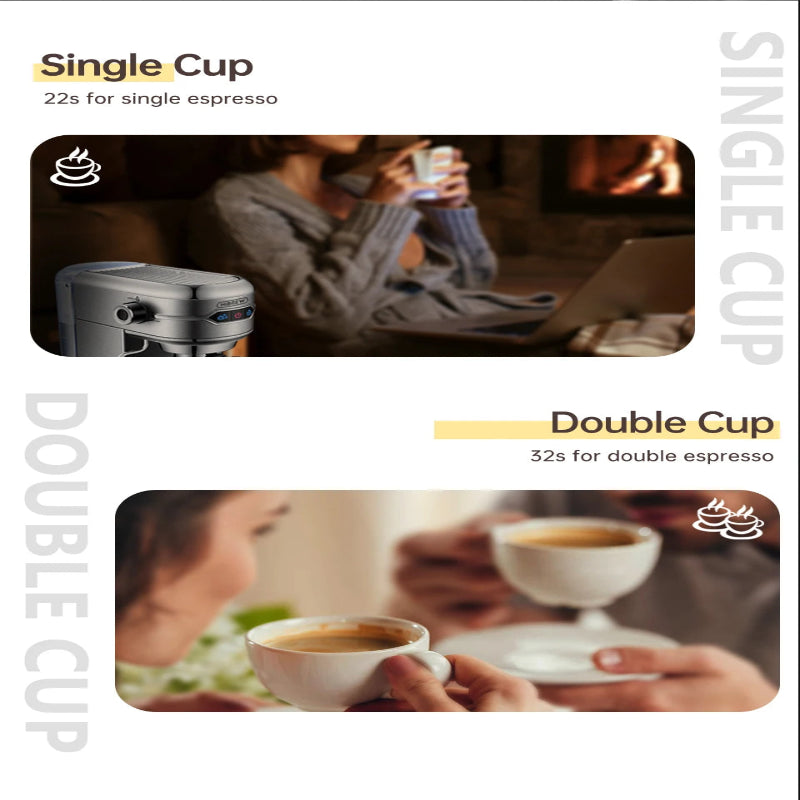 Comparison of single and double espresso cups with people holding them.