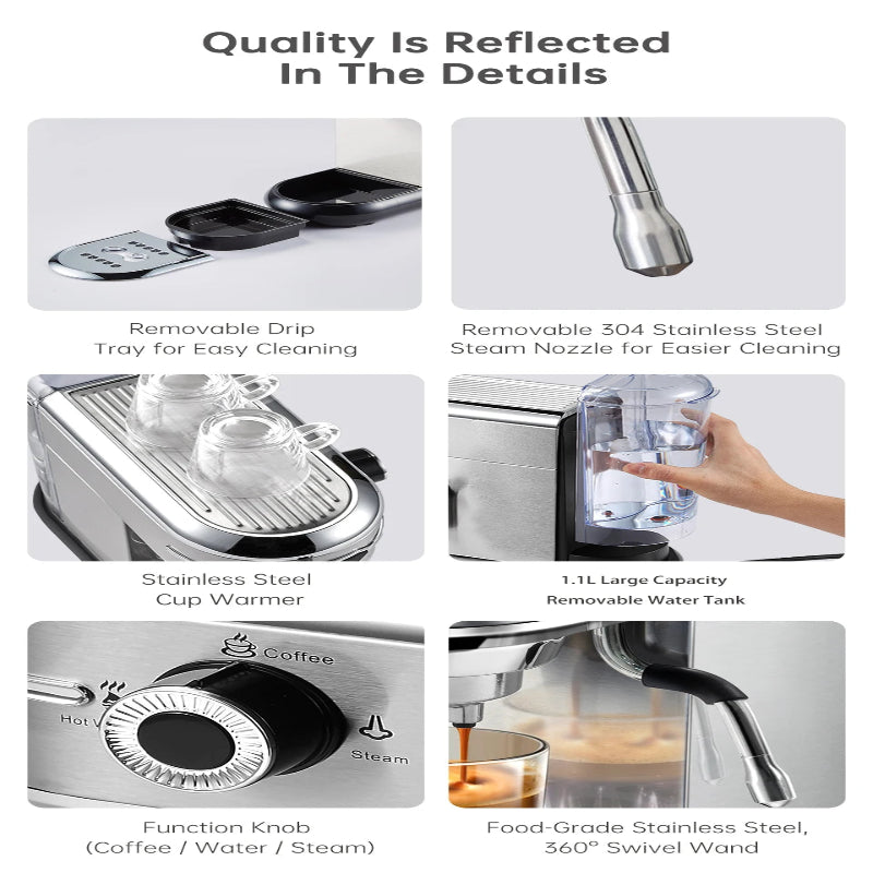 Product features of a coffee maker with text 'Quality Is Reflected In The Details'.