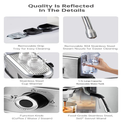 Product features of a coffee maker with text 'Quality Is Reflected In The Details'.