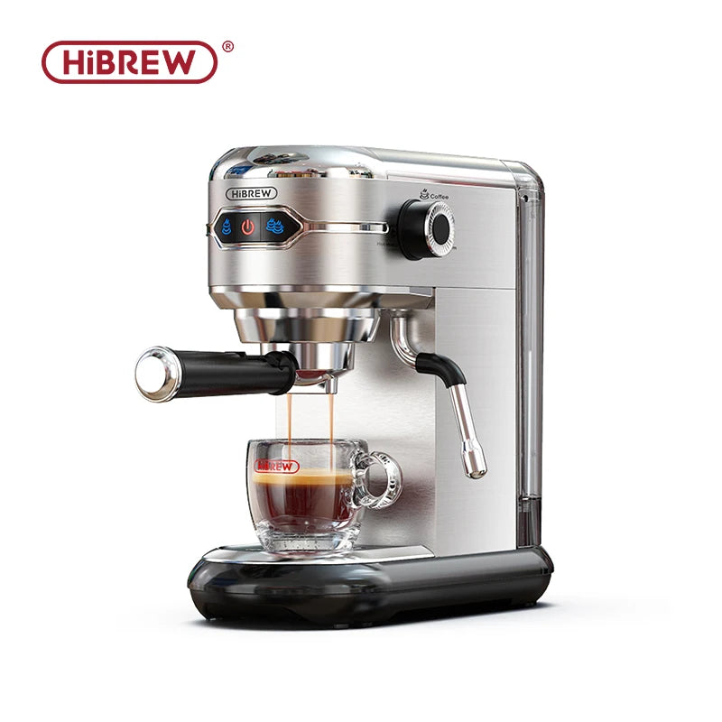 HiBREW espresso machine dispensing coffee into a glass cup on a white background