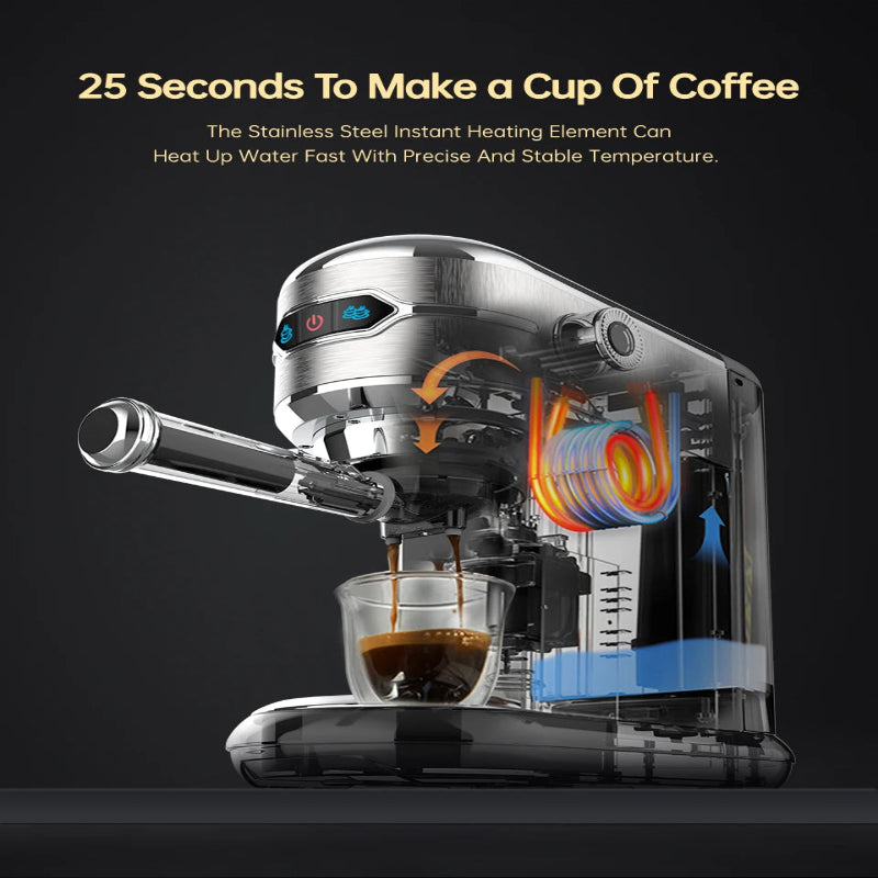 Coffee machine with a clear design showing heating elements, accompanied by text about quick coffee preparation.