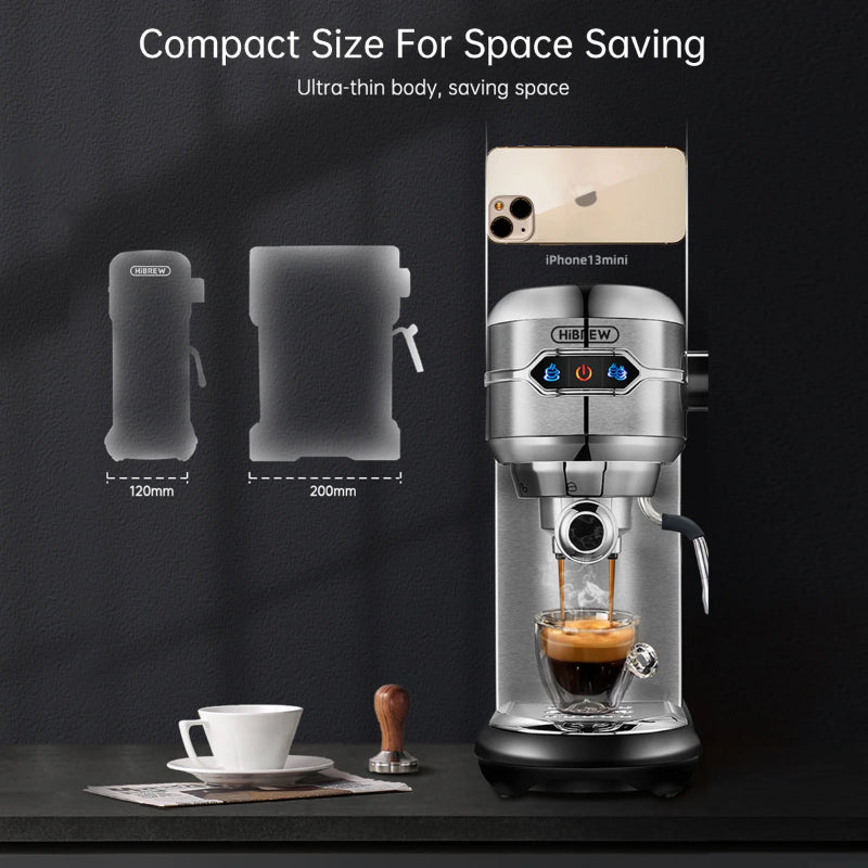 Compact espresso machine with space-saving features and a smartphone for scale.