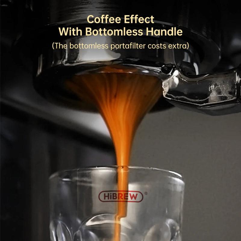 Coffee being poured from a coffee machine into a glass with 'Hibrew' branding.