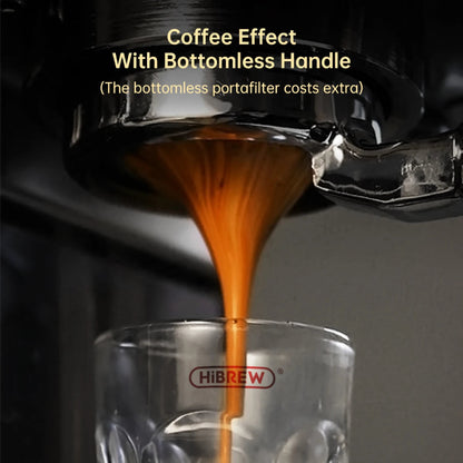Coffee being poured from a coffee machine into a glass with 'Hibrew' branding.