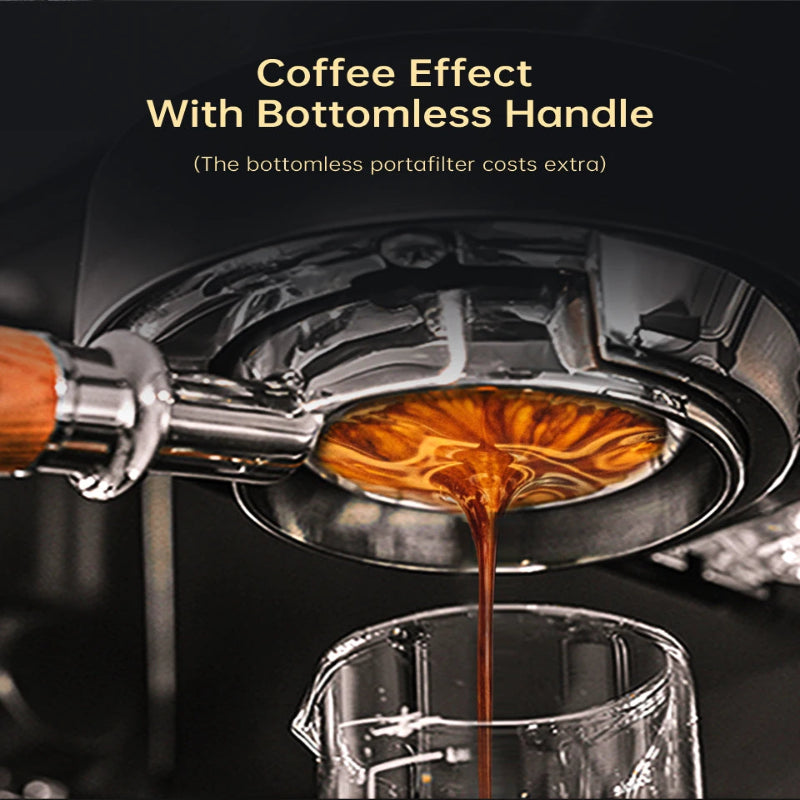 Coffee being poured from a portafilter into a glass, with text about a bottomless handle.