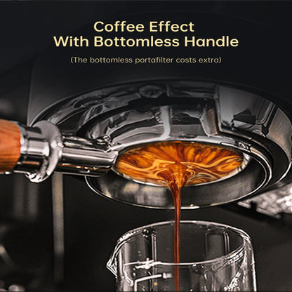 Coffee being poured from a portafilter into a glass, with text about a bottomless handle.