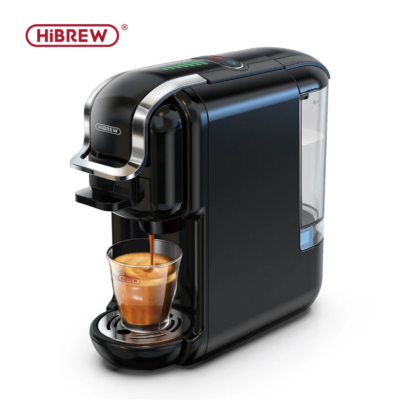 Black HiBREW coffee machine dispensing a shot of espresso into a glass on a white background.