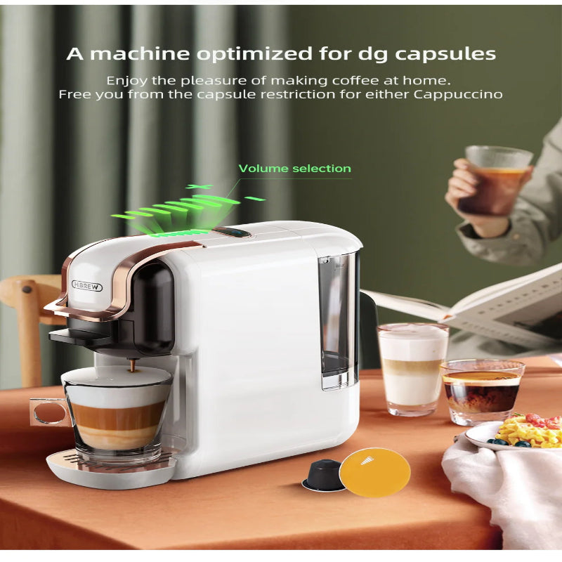 Coffee machine with dg capsules on a table with glasses of coffee and a person reading a newspaper.