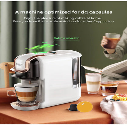 Coffee machine with dg capsules on a table with glasses of coffee and a person reading a newspaper.
