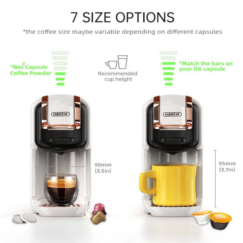 Hario coffee machine with 7 size options and measurements on a white background