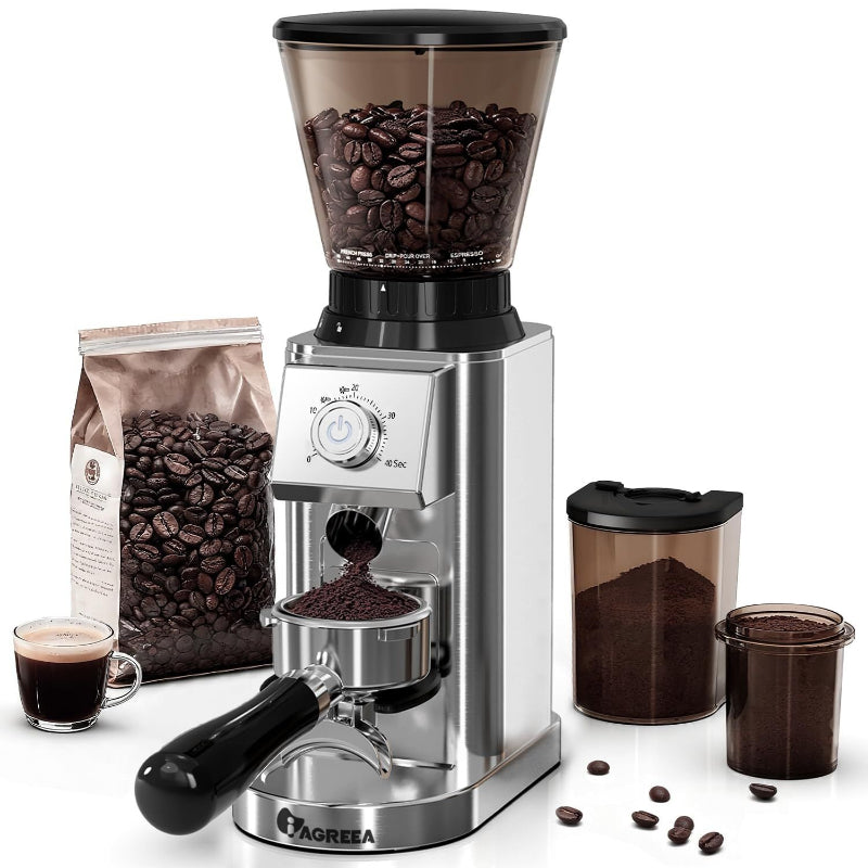 IAGREEA burr coffee grinder with stainless steel finish on a kitchen counter.