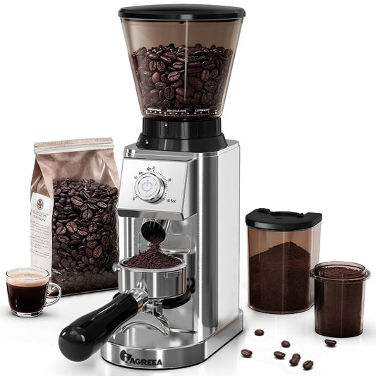 IAGREEA burr coffee grinder with stainless steel finish on a kitchen counter.