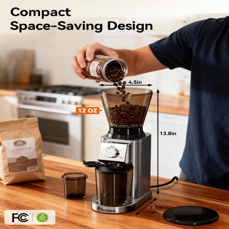 Front view of the IAGREEA coffee grinder with its 48 grind settings.