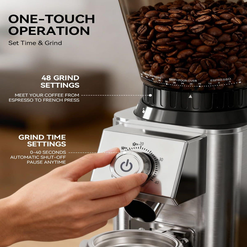 Close-up of the grind adjustment settings on the coffee grinder.