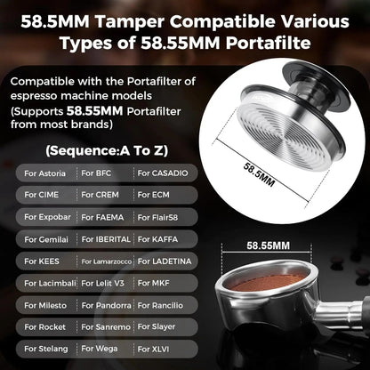 58.5MM Tamper compatible with various espresso machine portafilter models on a dark background.