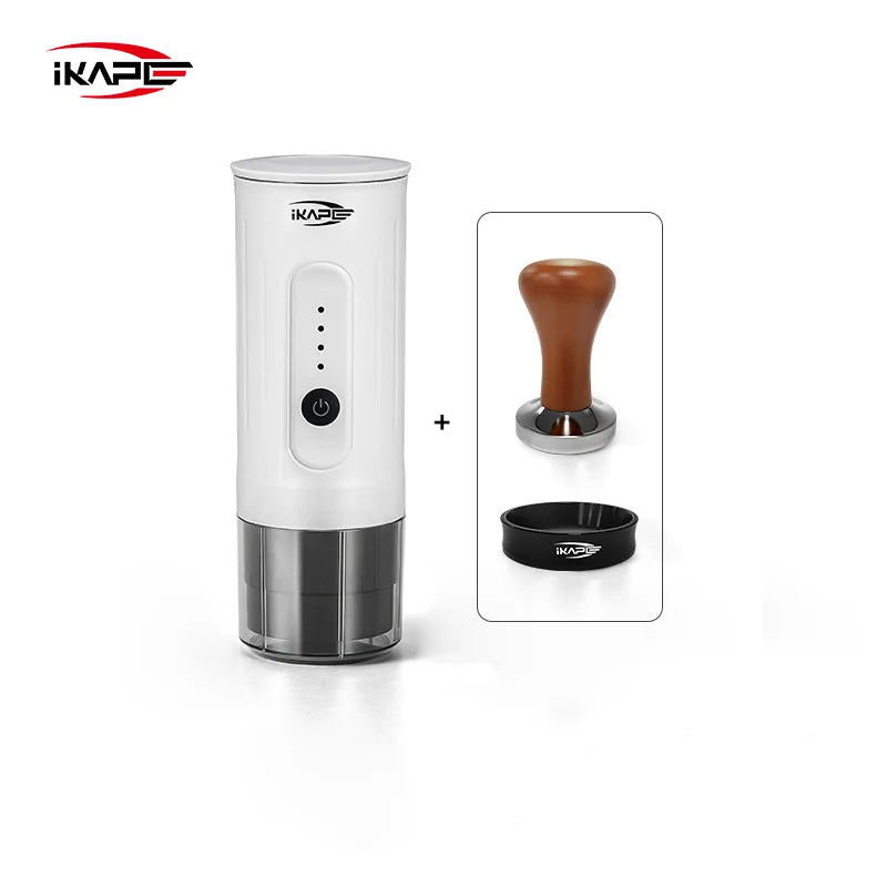 White electric coffee grinder with additional accessories on a white background, featuring the iKape brand.