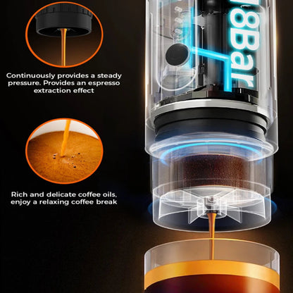 Coffee brewing device with clear section showing process, labeled '18 Bar'.