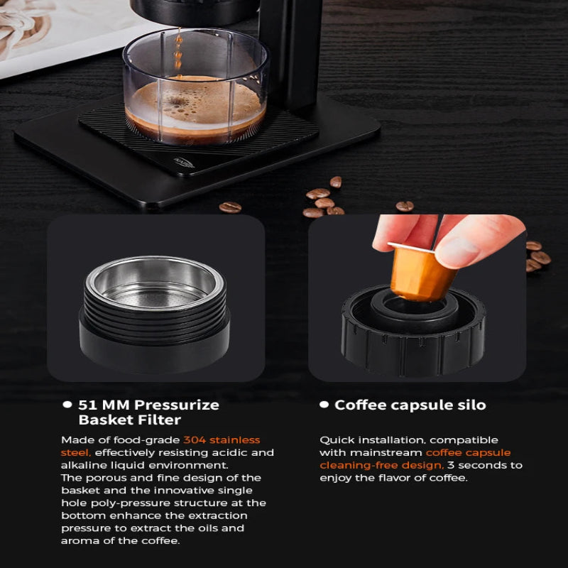 Coffee brewing setup with pressurized basket filter and coffee capsule silo on a dark surface.
