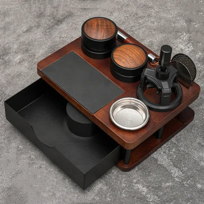Multifunction espresso tamper station for home coffee bars.