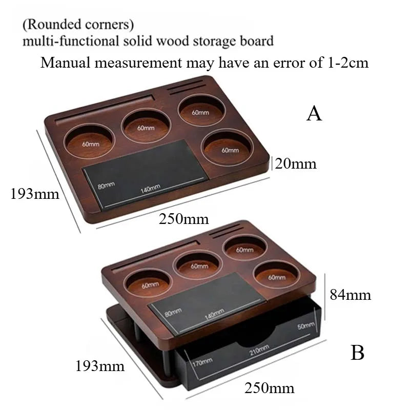 Wooden espresso station designed for organized coffee preparation.