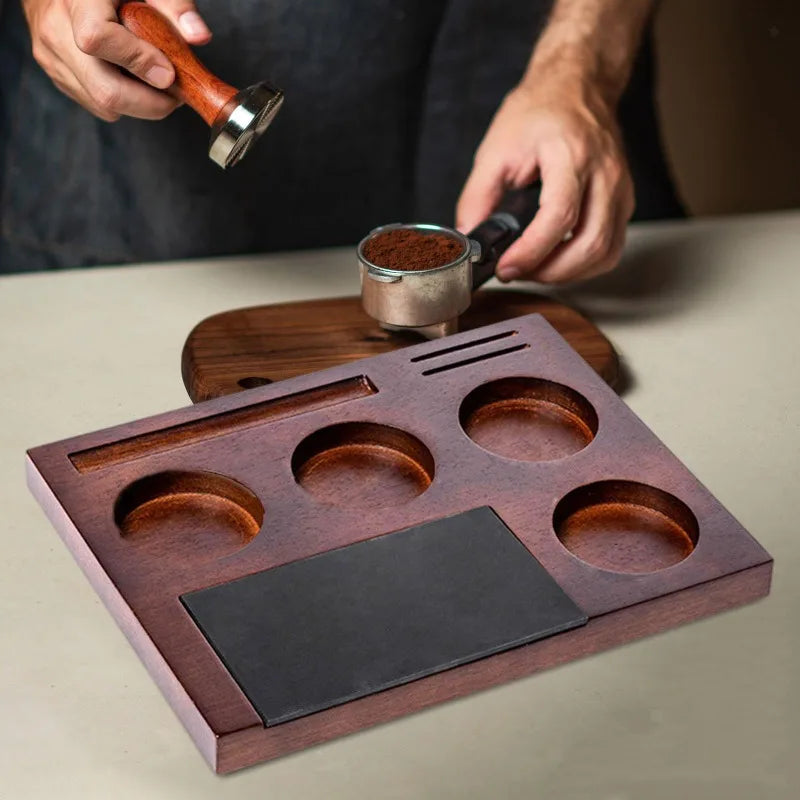 PEISI coffee tamper holder with anti-slip wooden base.