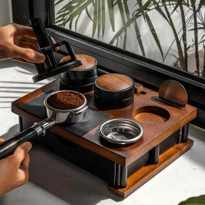Wooden espresso workstation for tamper and portafilter organization.
