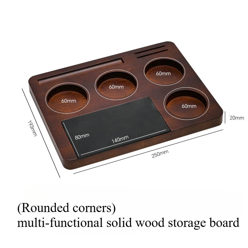 Wooden coffee tamper station for 51mm 54mm and 58mm tools.
