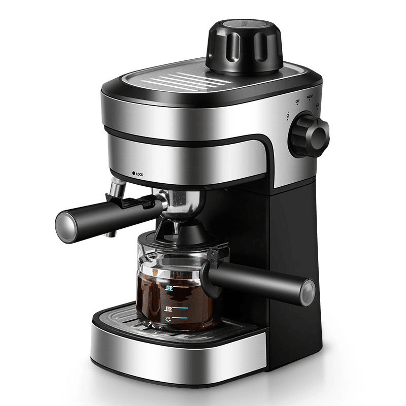 Espresso machine with a clear container filled with coffee on a white background