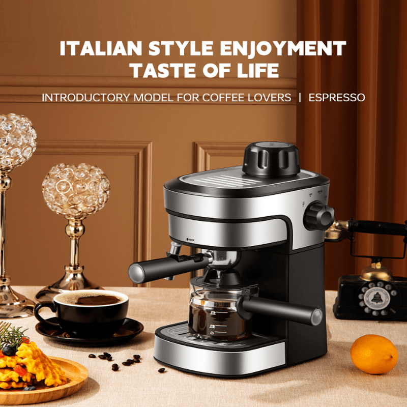 Espresso machine on a table with coffee and decorative items, text 'Italian Style Enjoyment Taste of Life'.