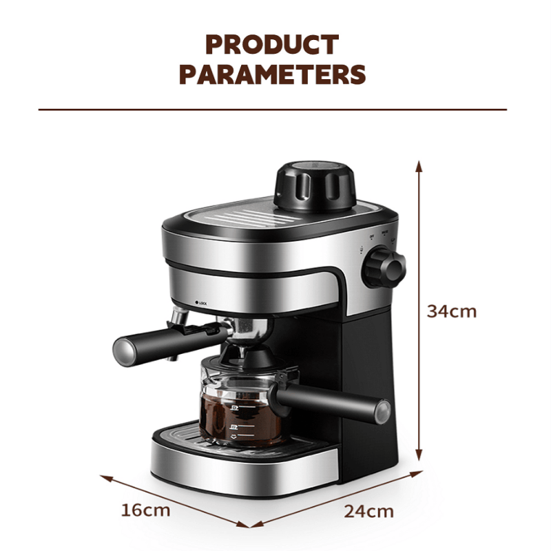 Coffee machine with dimensions labeled on a white background
