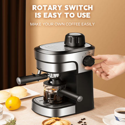 Coffee machine with a hand adjusting a rotary switch on a table with coffee and pastries.