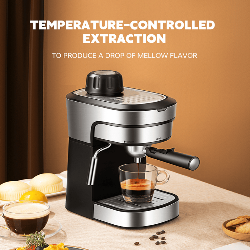 Espresso machine with a cup of coffee on a table, accompanied by text about temperature-controlled extraction.