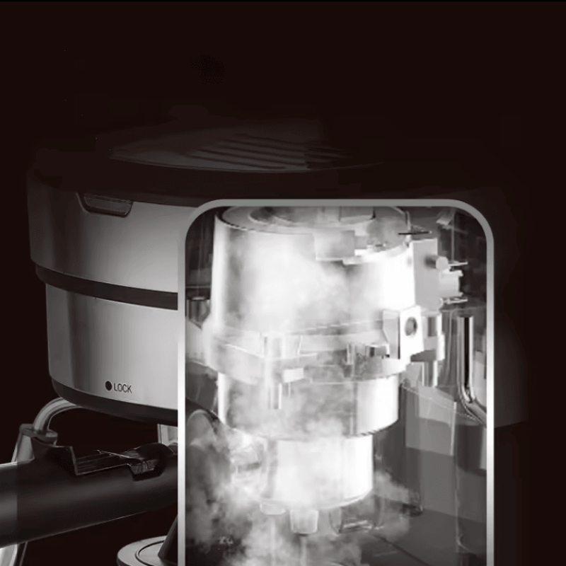 Lock air fryer with open door showing interior components on a dark background