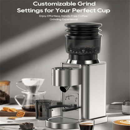 Silver PSG7-SL coffee grinder with transparent bean hopper, LED display, and portafilter holder.