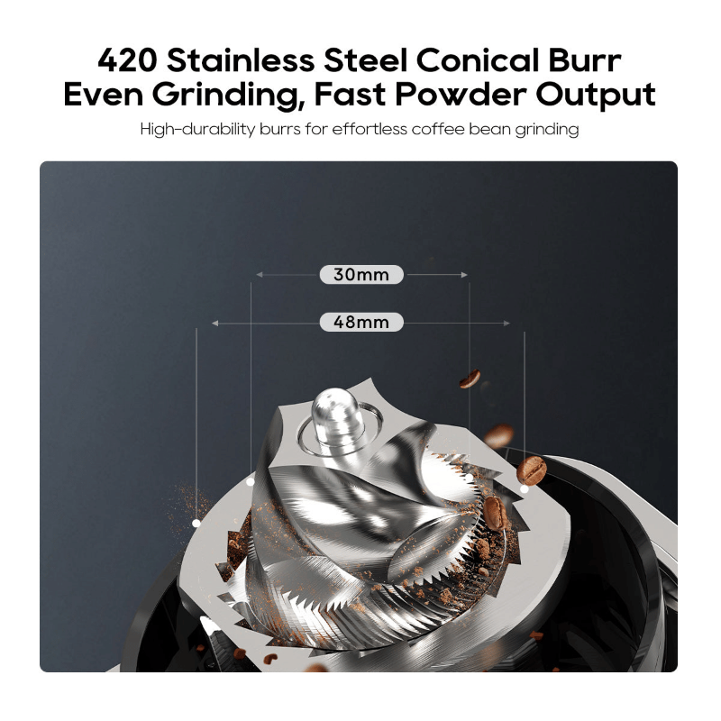 Silver automatic coffee grinder displayed on a kitchen counter with coffee beans and cups.