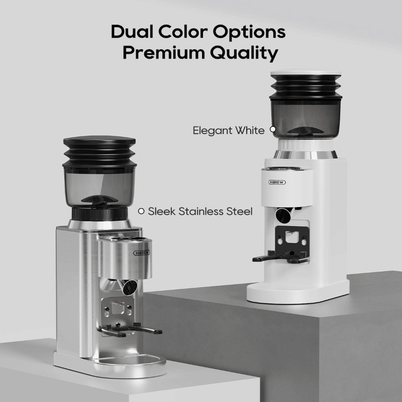 Coffee grinder feature diagram showing touch controls, conical burrs, anti-static design, and removable bracket.