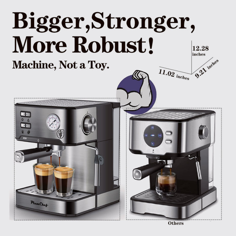 PlumChef espresso machine with stainless steel housing on a kitchen counter.