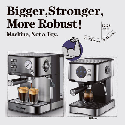 PlumChef espresso machine with stainless steel housing on a kitchen counter.