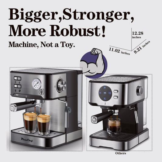 PlumChef espresso machine with stainless steel housing on a kitchen counter.