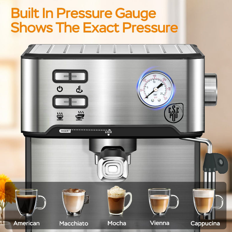 Front view of the PlumChef 20 bar espresso machine and pressure gauge.