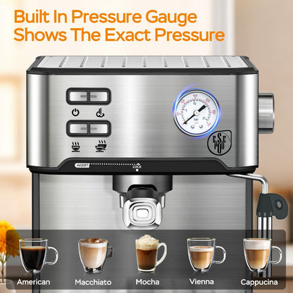 Front view of the PlumChef 20 bar espresso machine and pressure gauge.