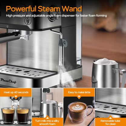 Rotatable steam wand ready to froth milk for a latte. 4