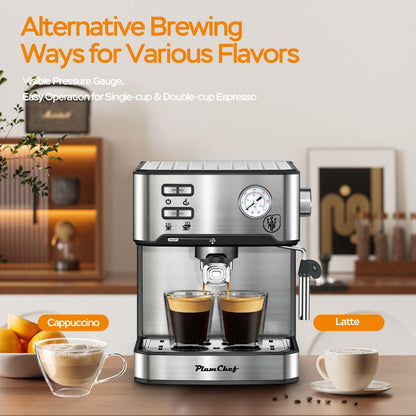 Removable 54 oz water tank shown beside the espresso maker.