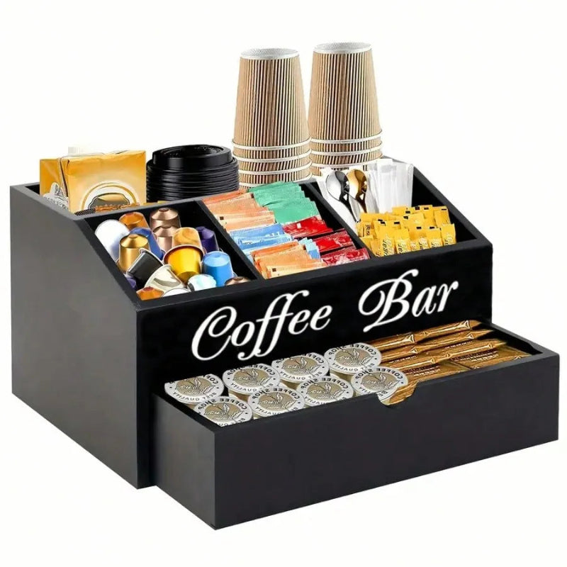 Rustic farmhouse coffee bar organizer with a storage drawer.