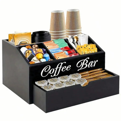 Rustic farmhouse coffee bar organizer with a storage drawer.