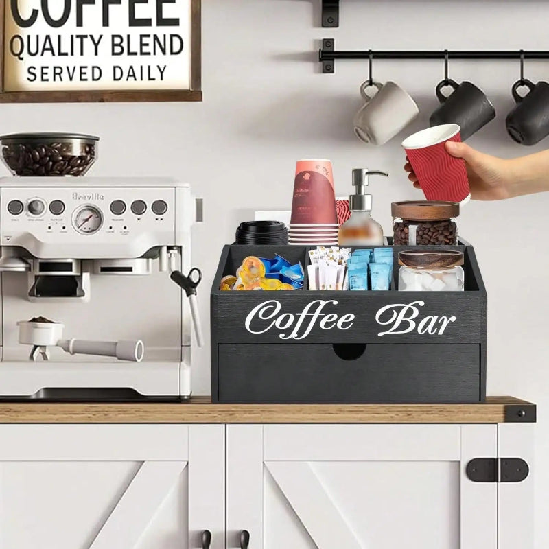 Wooden coffee station organizer with multiple storage compartments.